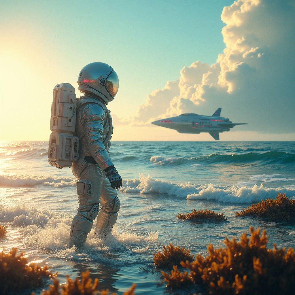 Astronaut Gazing at Spaceship on Sunny Ocean Beach