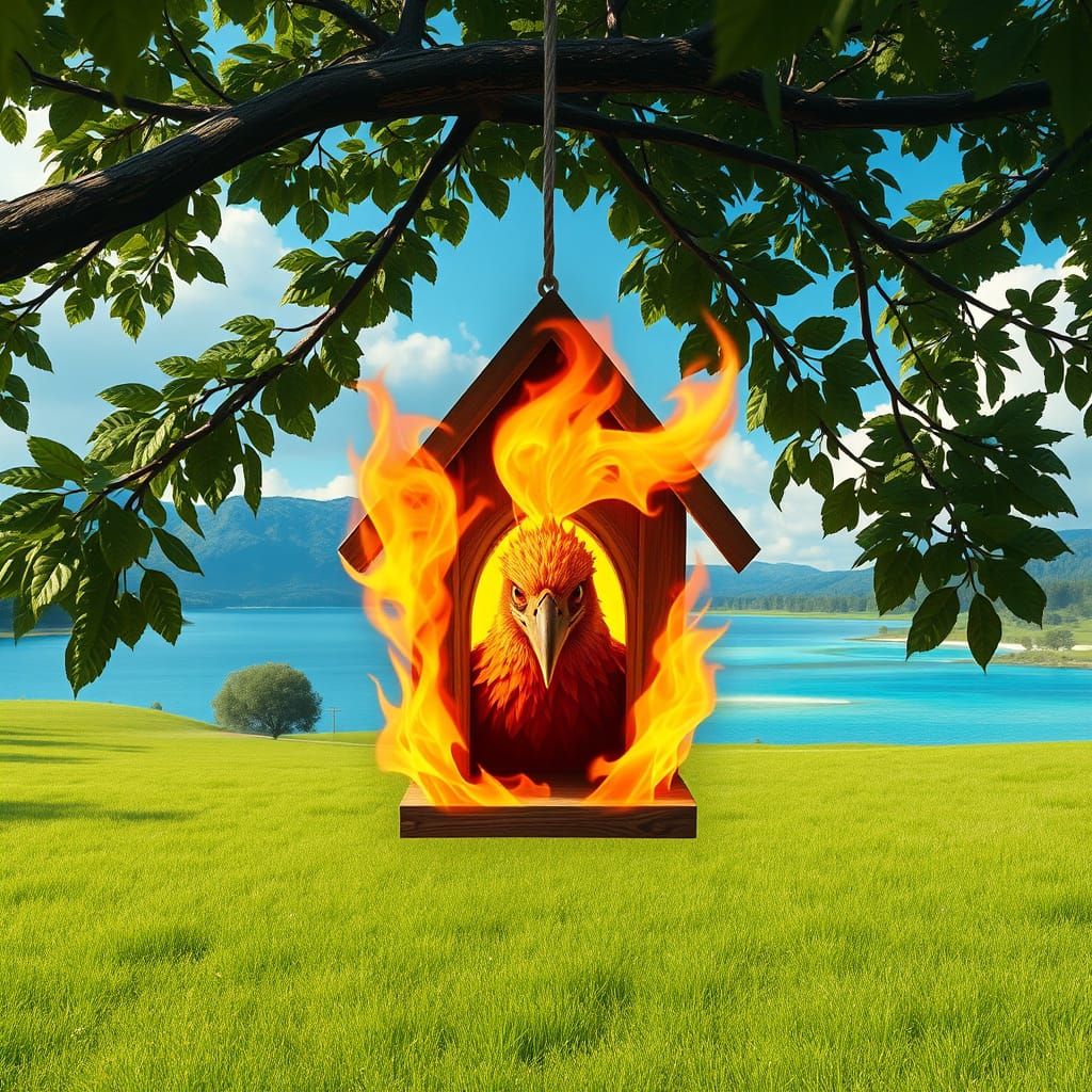 Phoenix Occupies Burning Birdhouse in Fantasy Landscape