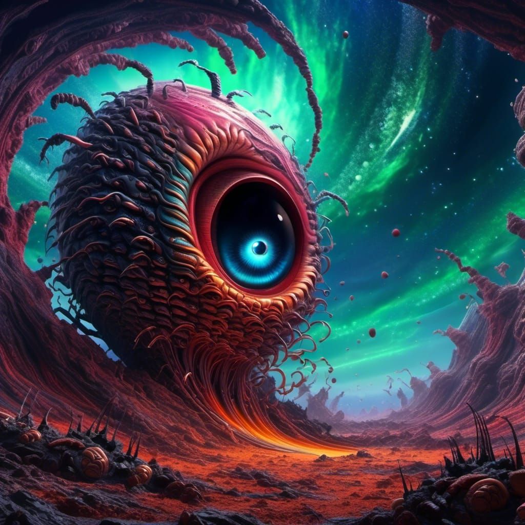 Angry Cosmic Worm Egg in Fantasy Landscape