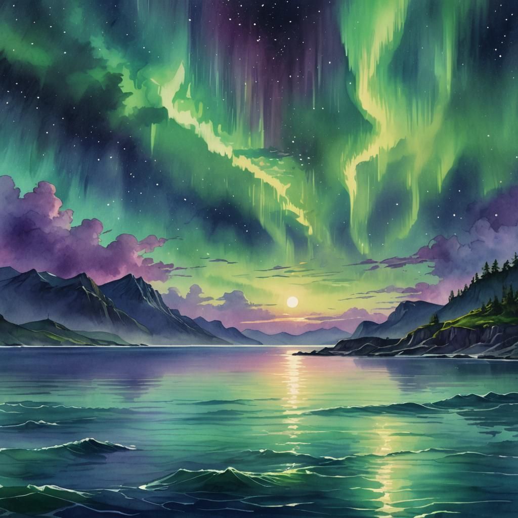 Aurora Borealis Dances Above Calm Ocean