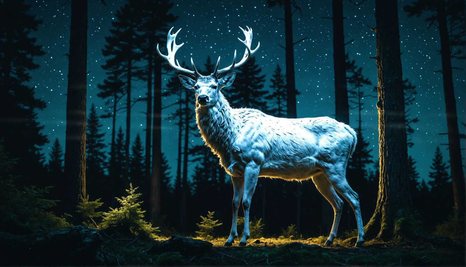 Radiant White Stag Illuminates Forest Under Stars