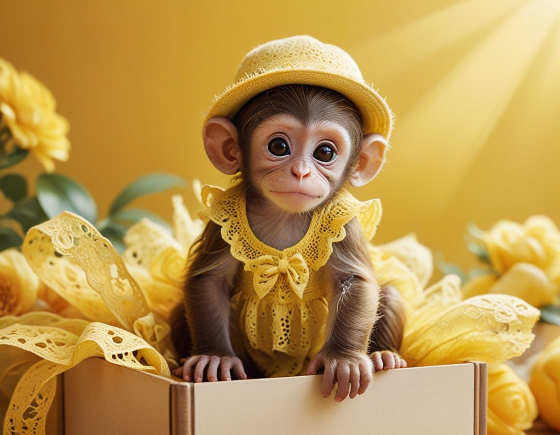 Adorable Monkey Baby in Yellow Lace Skirt