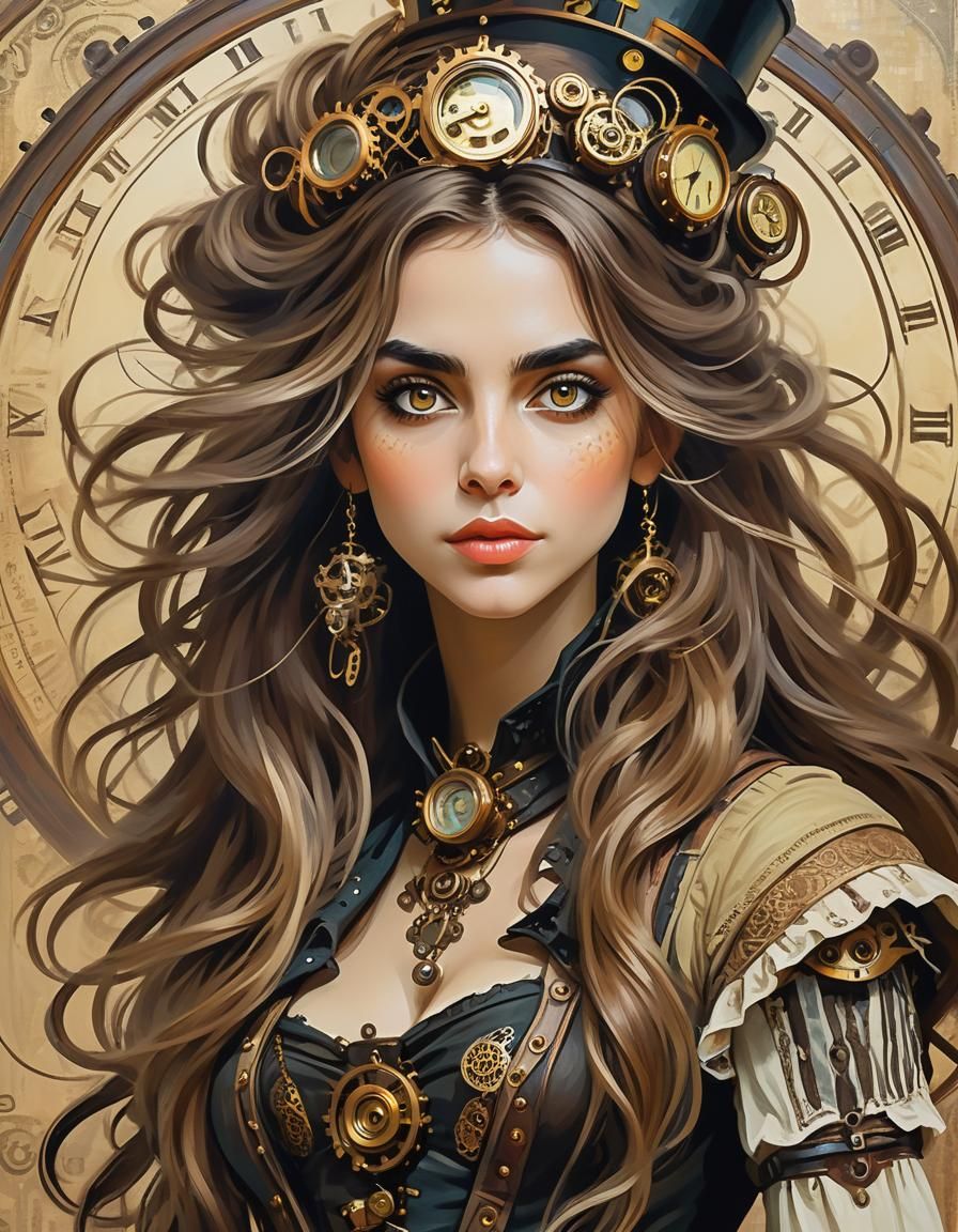 Steampunk Sorceress Portrait in Post-Impressionist Style