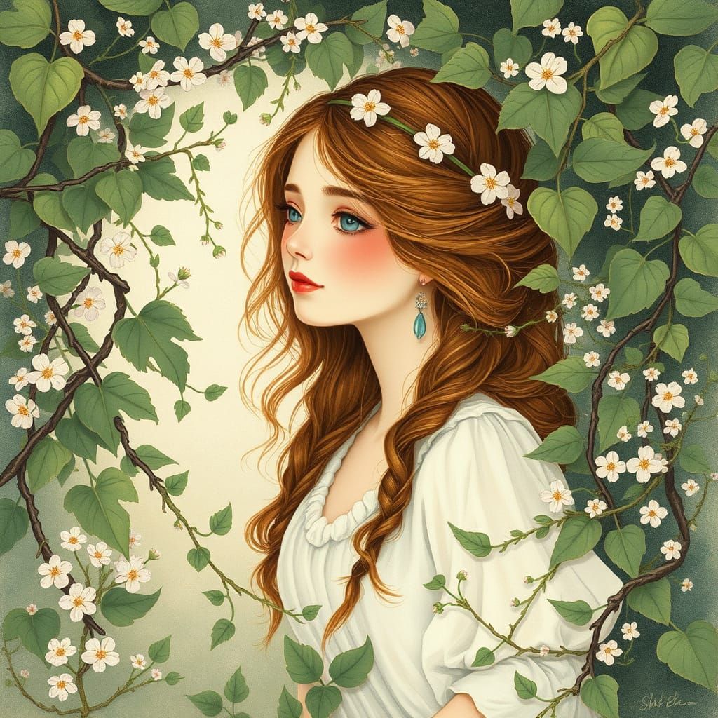 Romantic Woman Surrounded by Vines, Gouache Painting