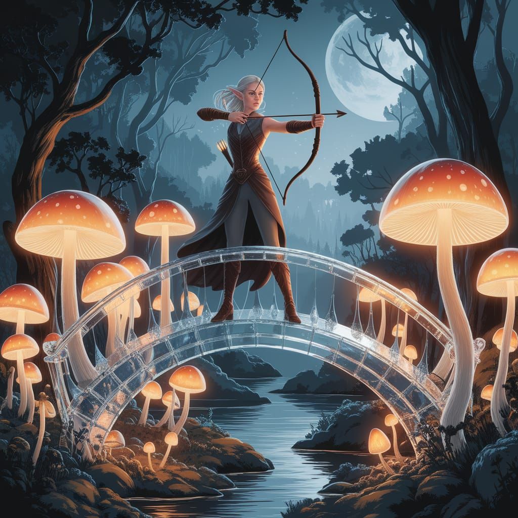 Ethereal Crystal Bridge Over Glowing Mushroom Valley