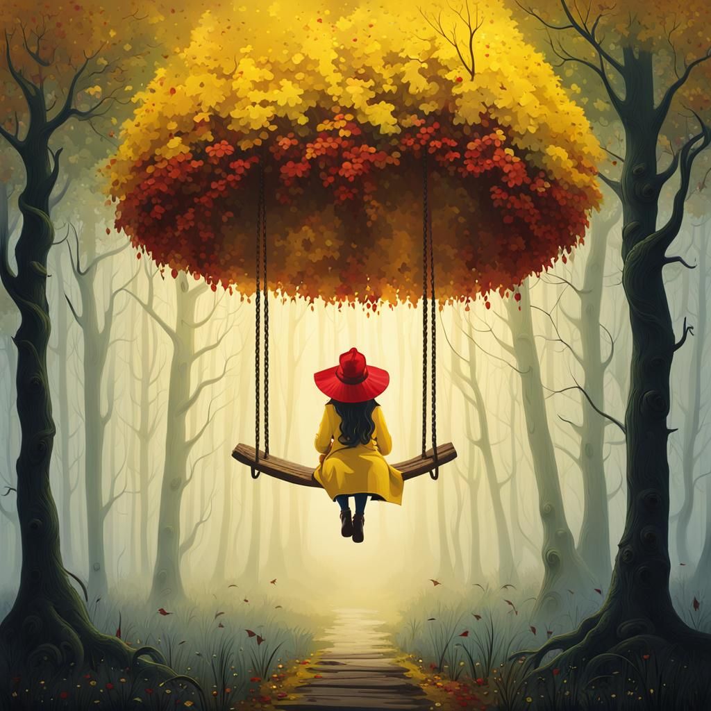 Girl on a Swing in Autumn Forest, Pop Surrealism