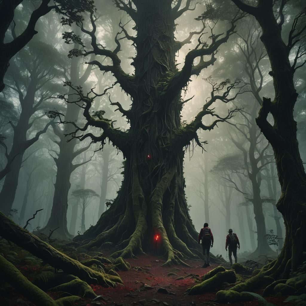 Mystical Lone Hiker in Dark Emerald Forest