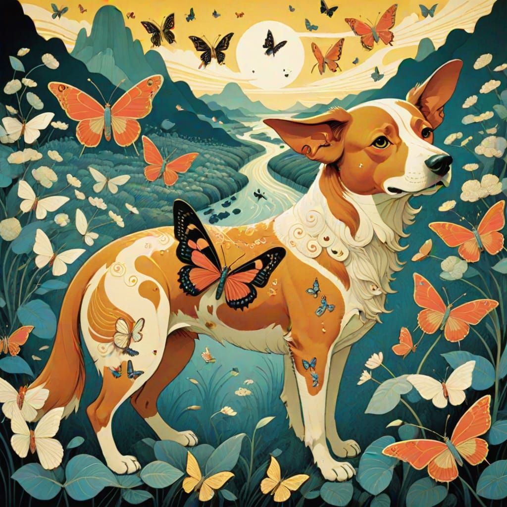 Dog and Butterfly in Psychedelic Art Style