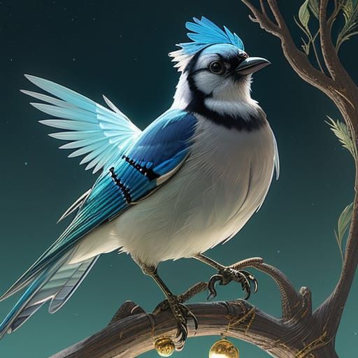 Bioluminescent Blue Jay in Art Nouveau Style