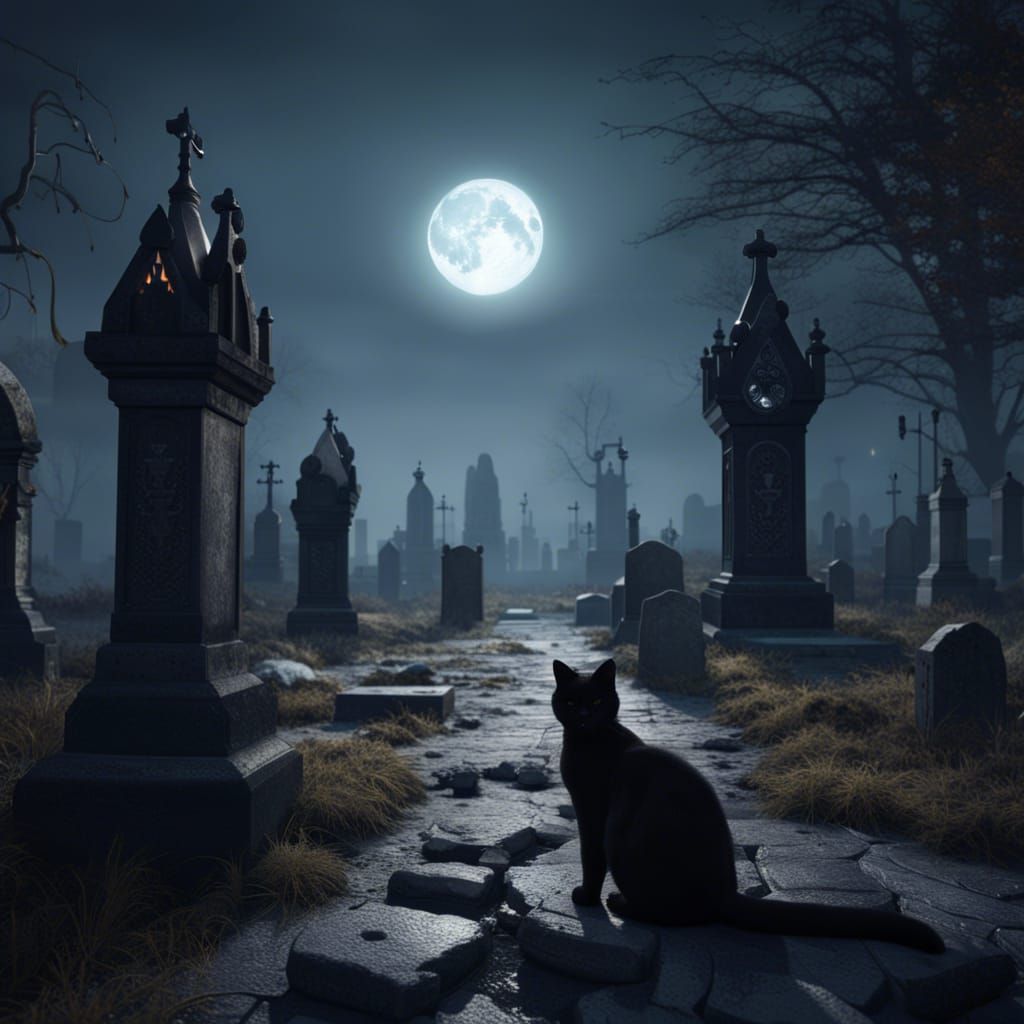 Gothic Graveyard with Black Cat in Hyperrealism
