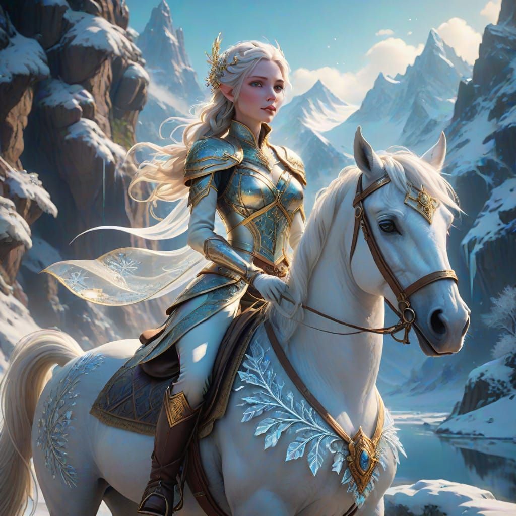 Majestic Snow Queen Fairy on White Horse in Frosty Landscape