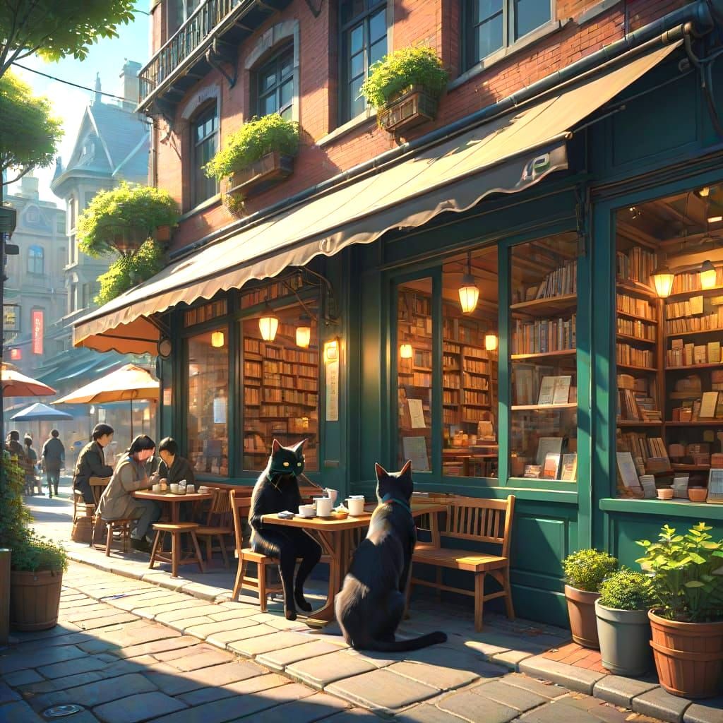 Bookstore Cafe with Black Cat in Anime Style
