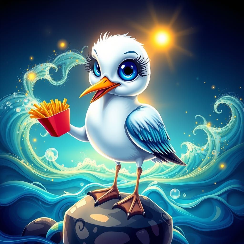 Wacky Seagull with Big Blue Eyes on Ocean Rock