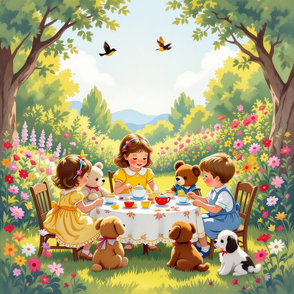 Whimsical Garden Tea Party with Children and Animals