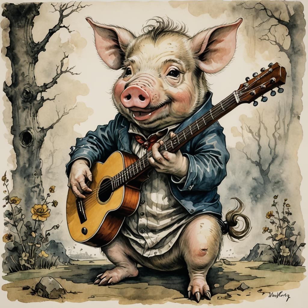 Pig Playing Guitar in Vintage Comic Book Style