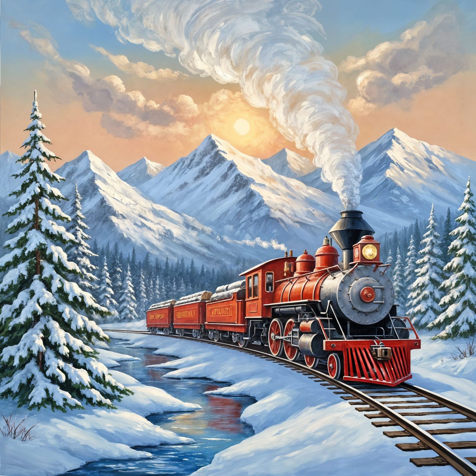 Cheerful Red Steam Train in Winter Landscape Oil Painting