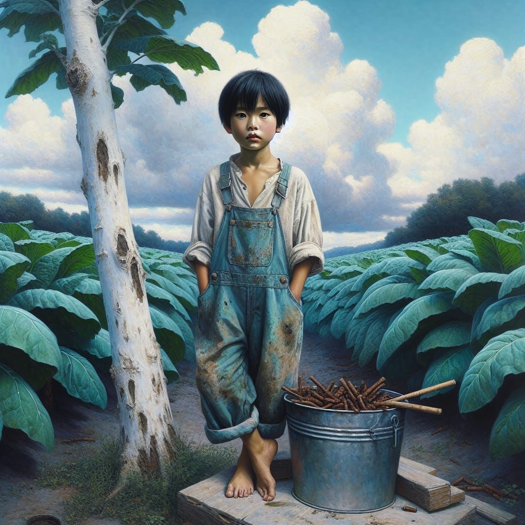 Boy in Tobacco Field: Oil Painting with Textural Brushstroke...