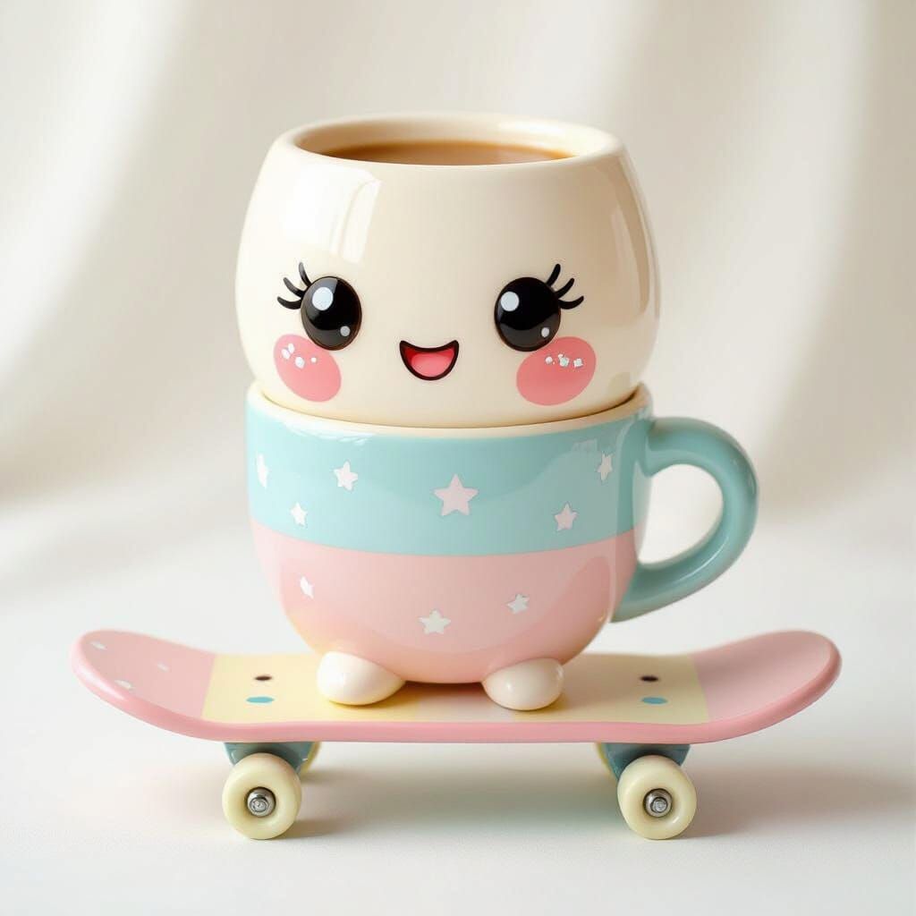 Kawaii Coffee Cup on Skateboard in Pop Art Style