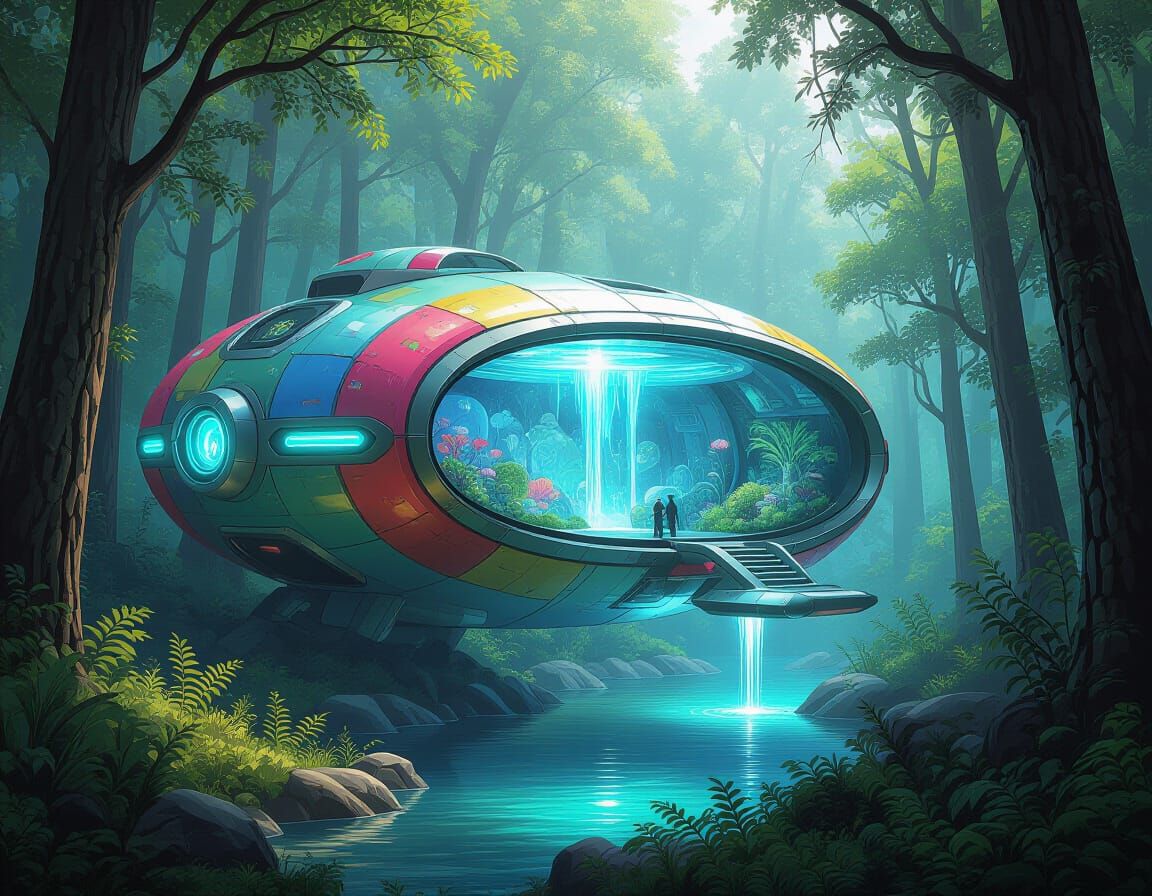 Colorful Teslapunk Atlantis Emerges in Forest Landscape