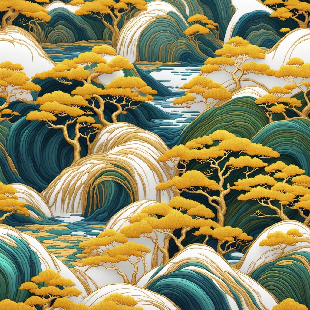 Vaporwave Chinese Embroidery: Mountain Pavilion in Gold