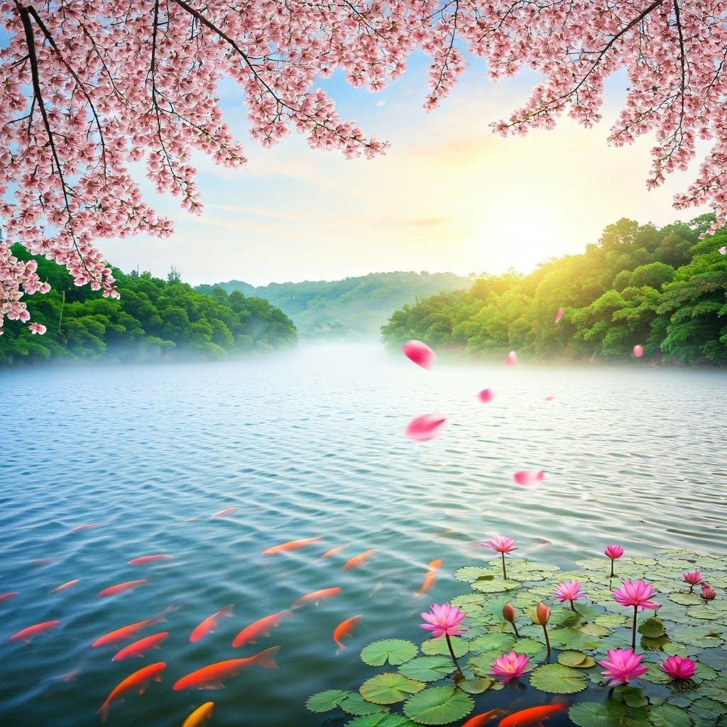 Cherry Blossoms Swaying Over a Lake at Sunrise