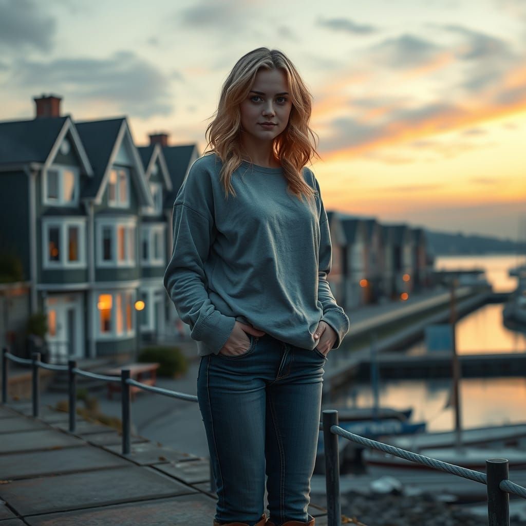Hyper-Realistic Woman Overlooking Harbor at Dusk