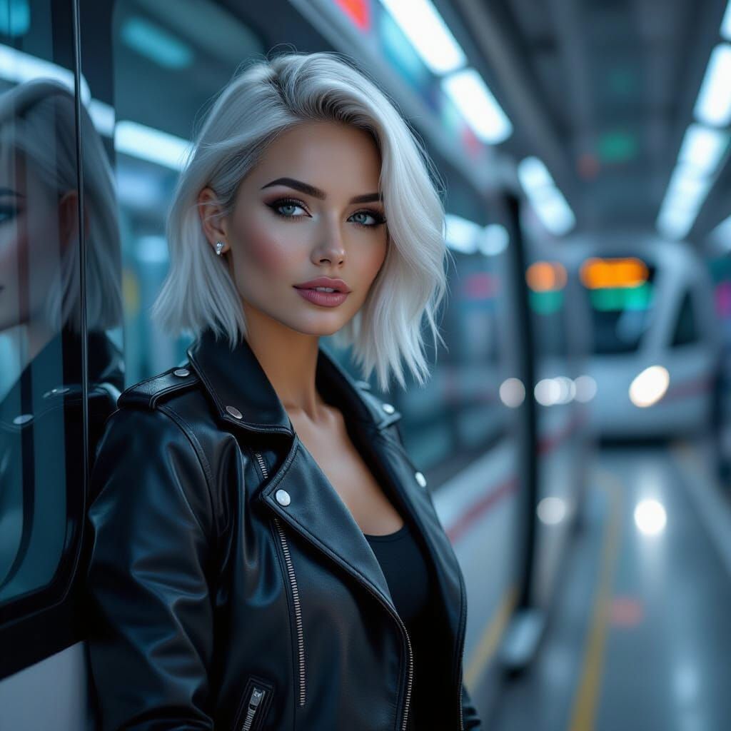 Woman in Cyberpunk City with Glowing Accents