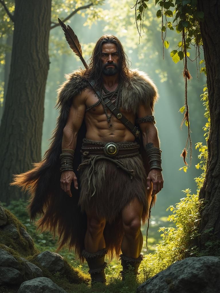 Paleolithic Warrior in Prehistoric Forest: Historical Painti...
