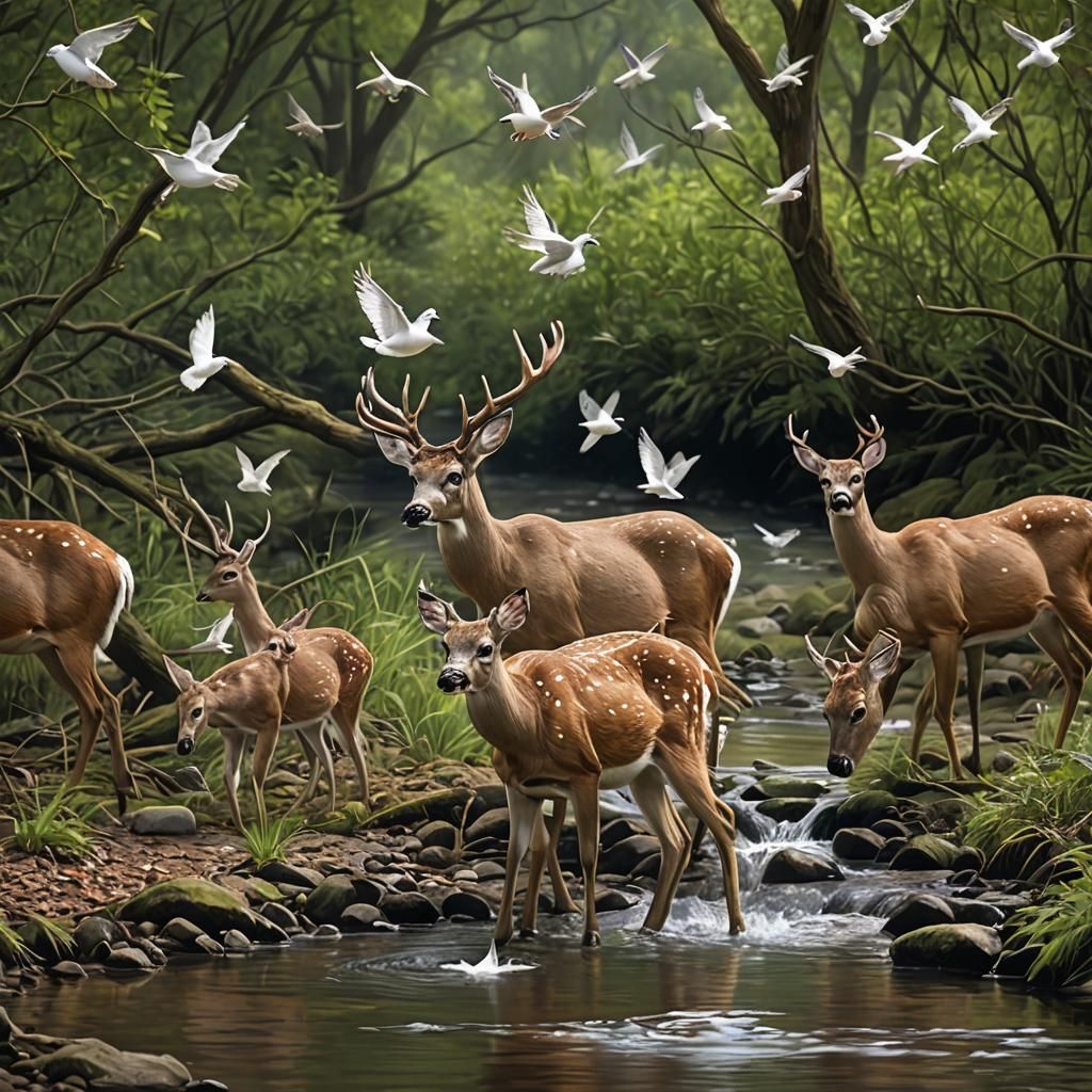 Deer Drinking at Stream with Dove