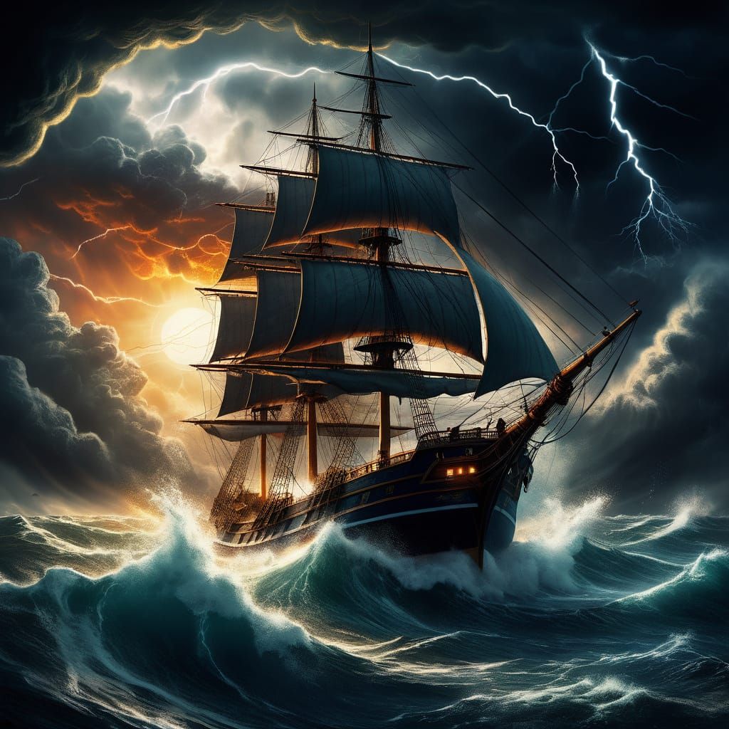 Epic Dark Fantasy Ship Escapes Storm in Rutkowski Style