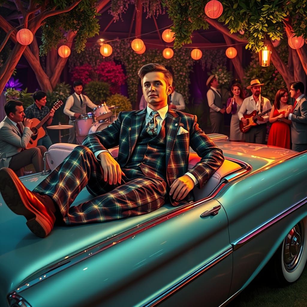 Interdimensional Man at Garden Party in Surreal Style