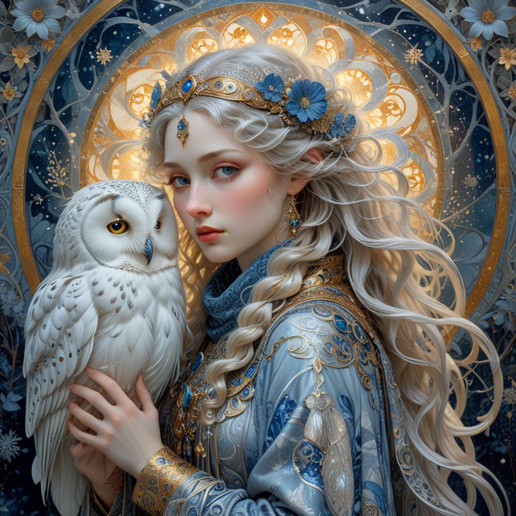 Winter Queen Enfolds a Majestic Owl in Art Nouveau Splendor