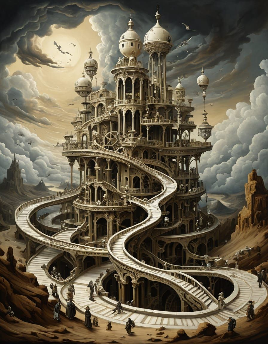 Surreal Escher-esque Structure with Time and Gears