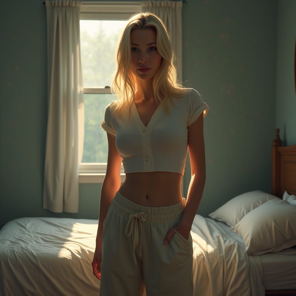 Realistic Blond Woman in Room, Digital Art Style