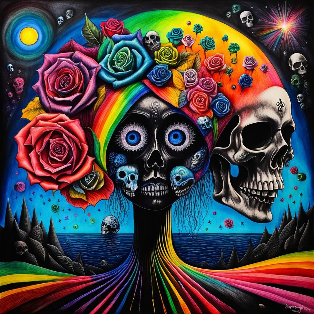 Surreal Crayon Drawing: Goth Woman in Darkness