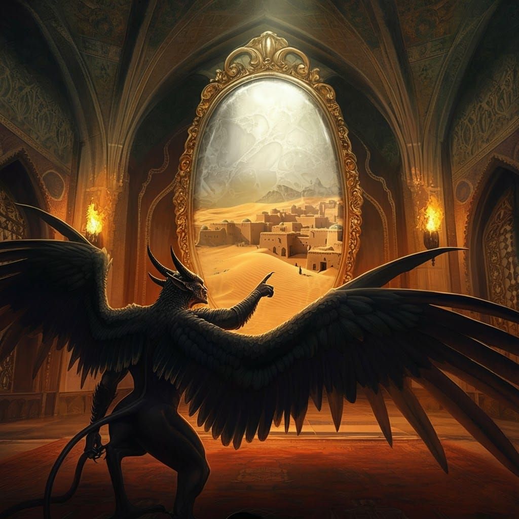 Winged Creature Gazing into Mirror in Palace Chamber