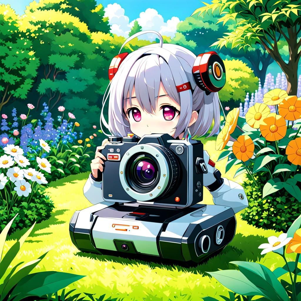 Cute Cyborg Camera Girl in Anime Manga Style
