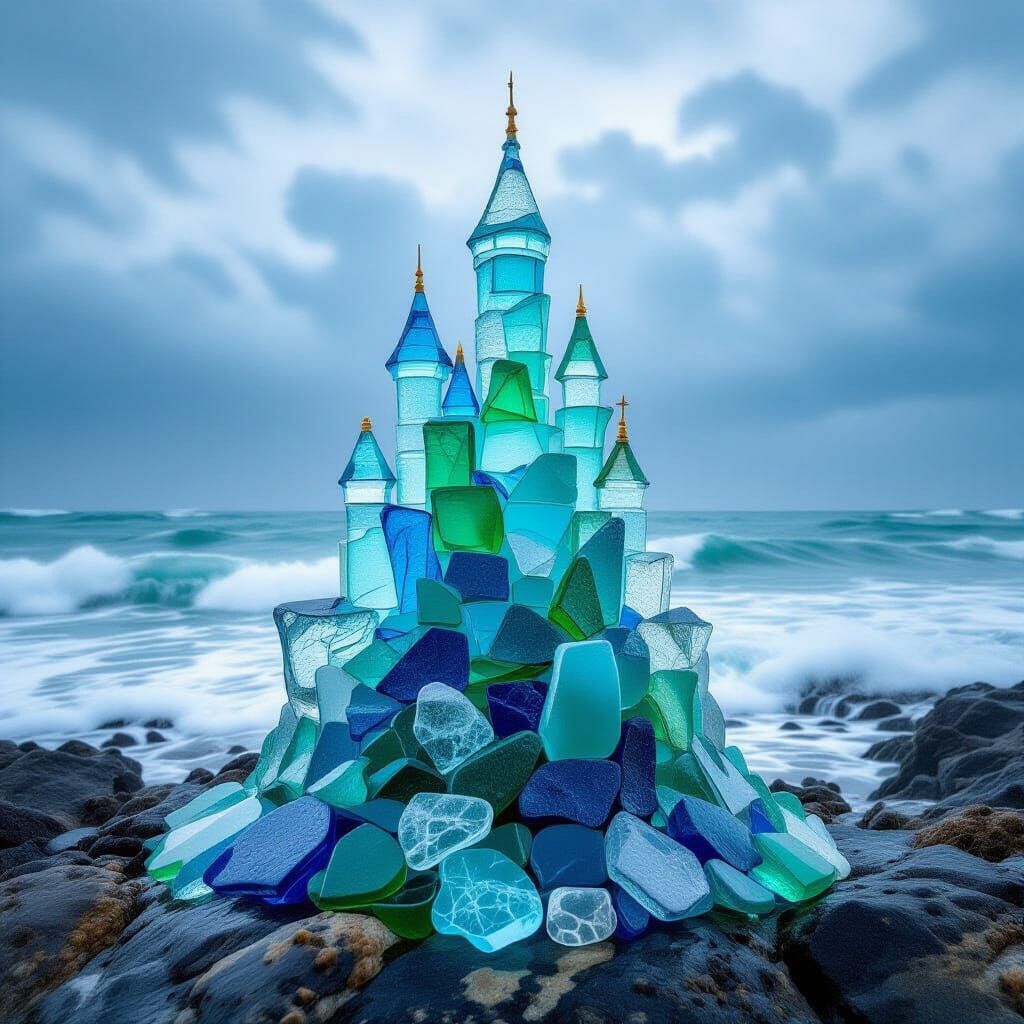 Sea Glass Castle on Stormy Ocean Backdrop