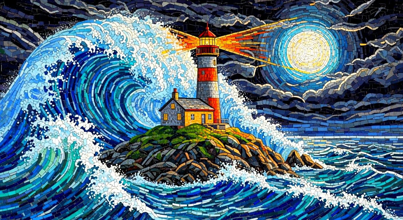 Ceramic Tile Lighthouse Amidst a Night Storm