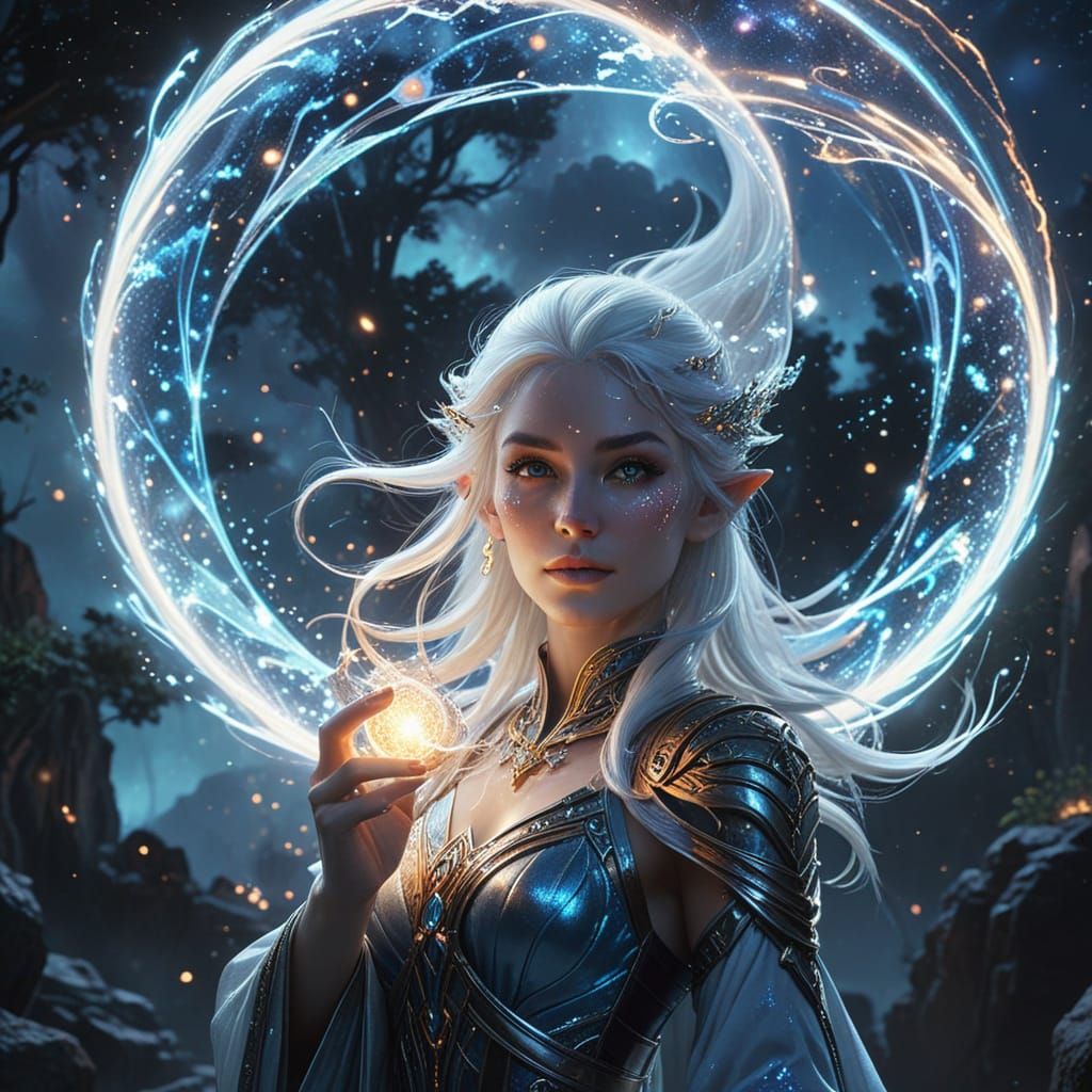 Celestial Elven Mage Conjuring Stars in Fantasy Art
