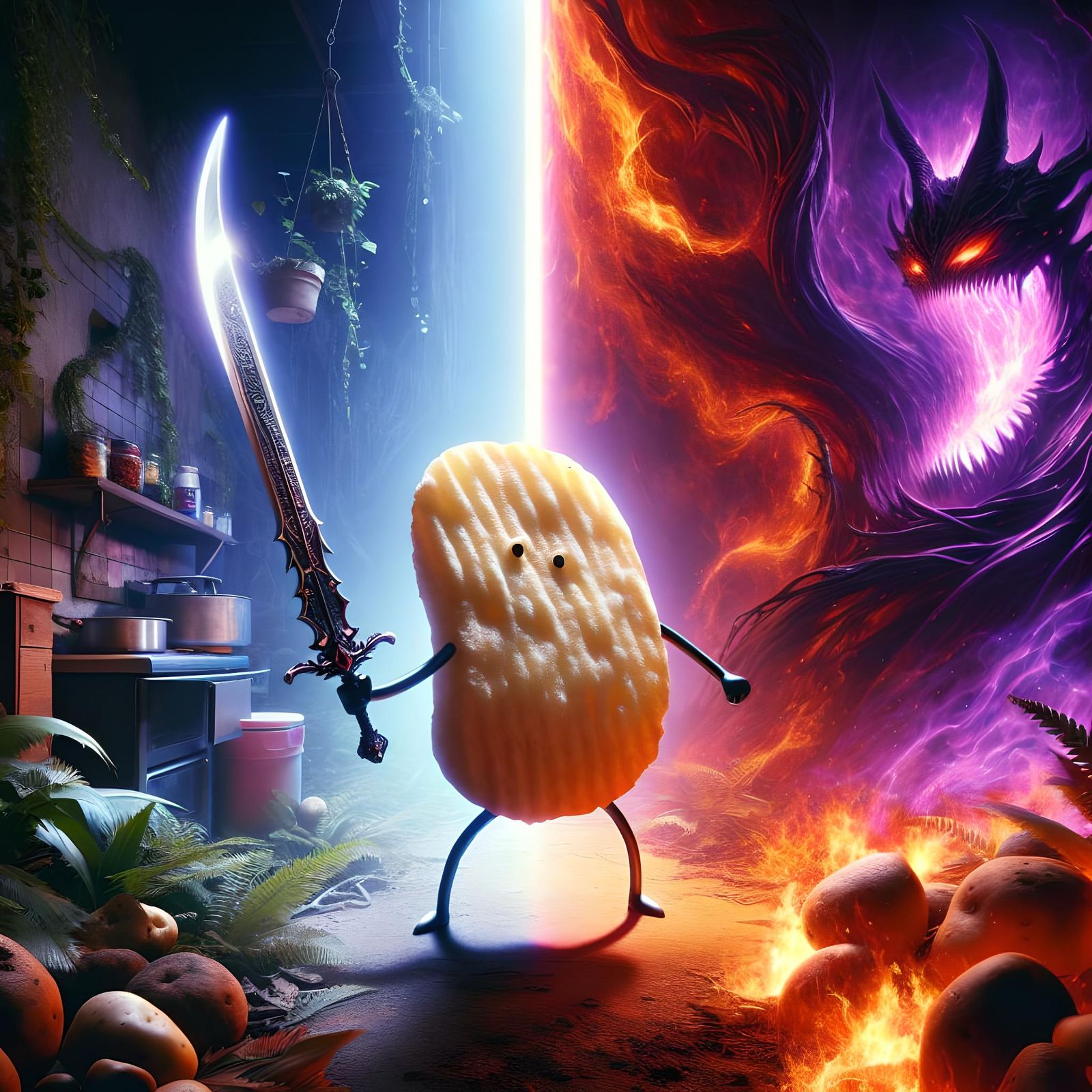 Potato Chip Warrior in Burning Kitchen