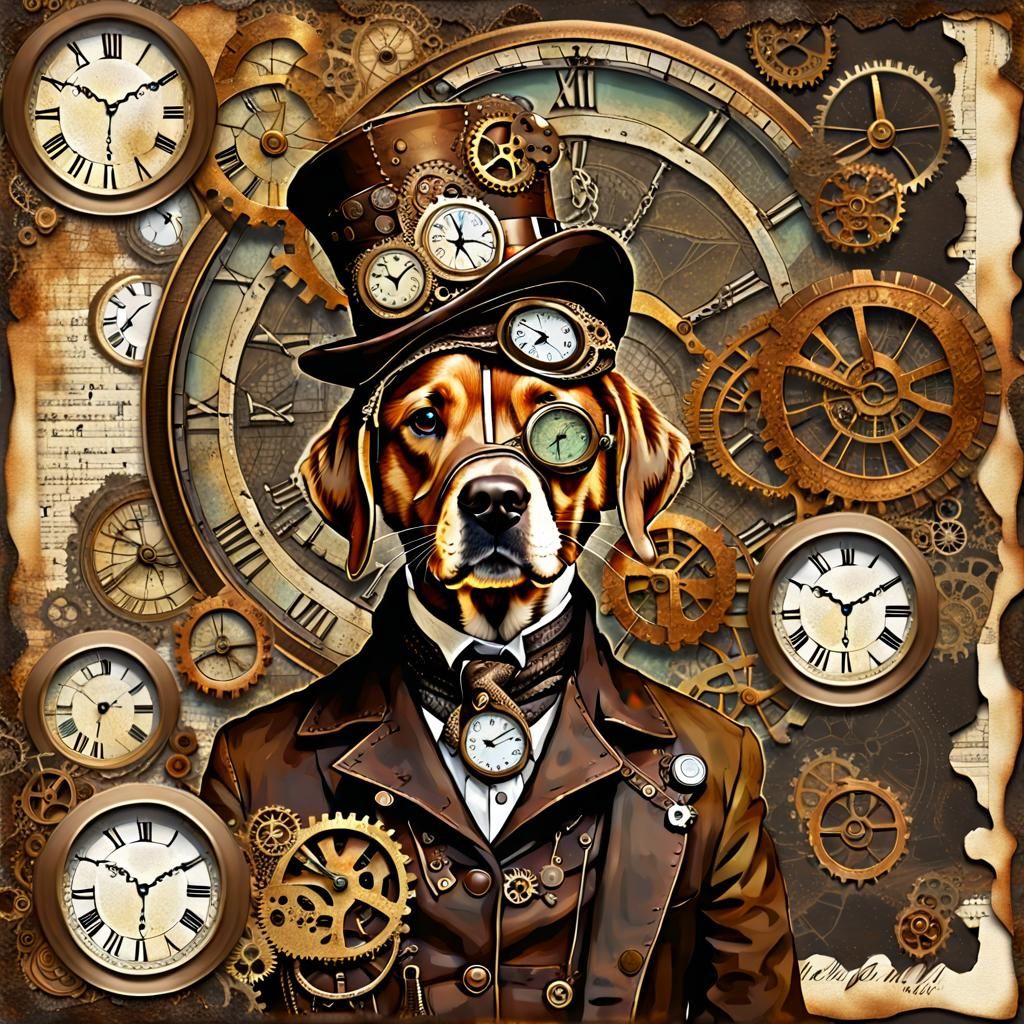 Steampunk Labrador in Digital Scrapbook Style
