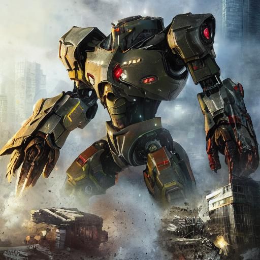 Victorious Cherno Vindicator Mecha in Ruined Cityscape