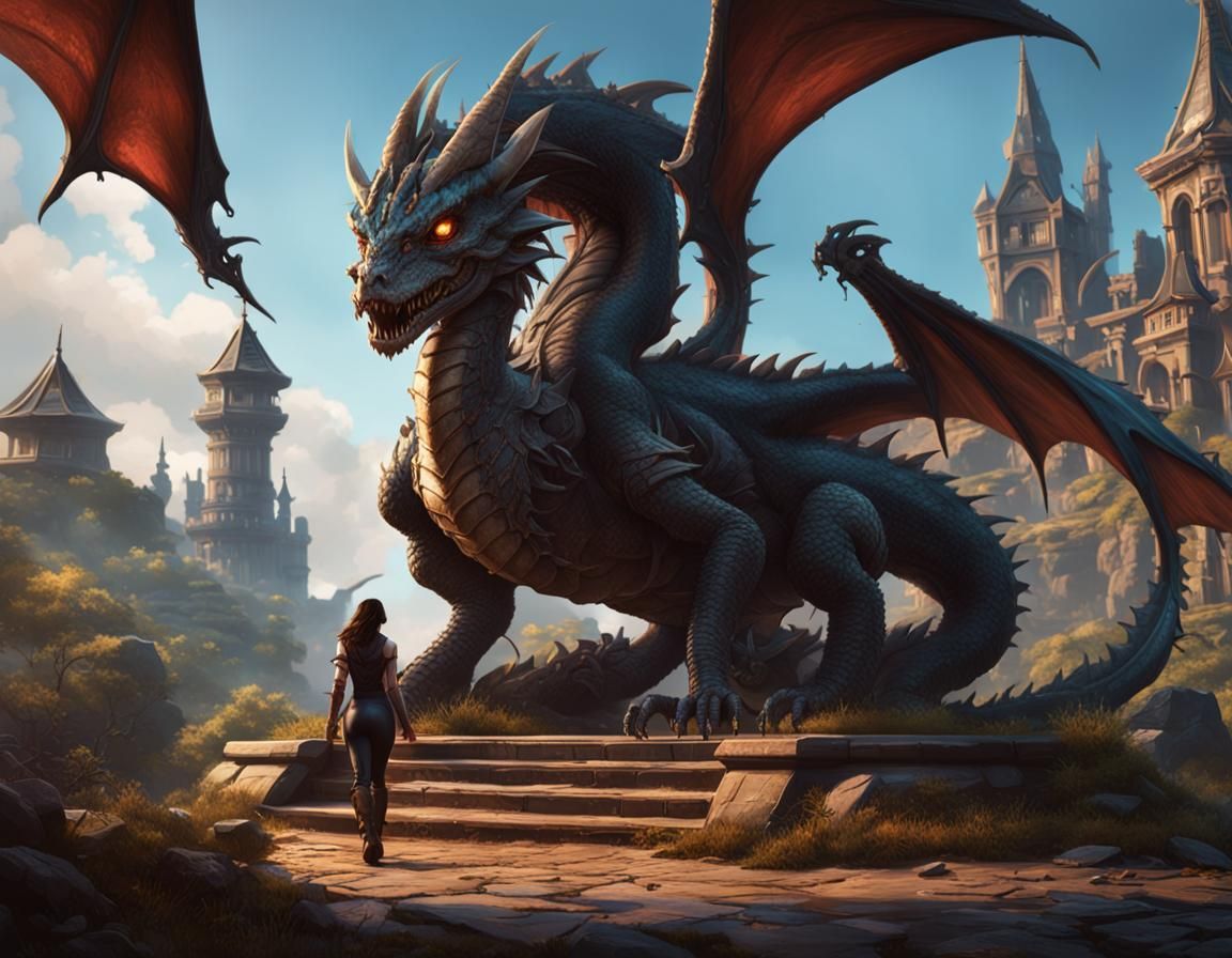 Brunette with Dragon: Fantasy Concept Art in 8K