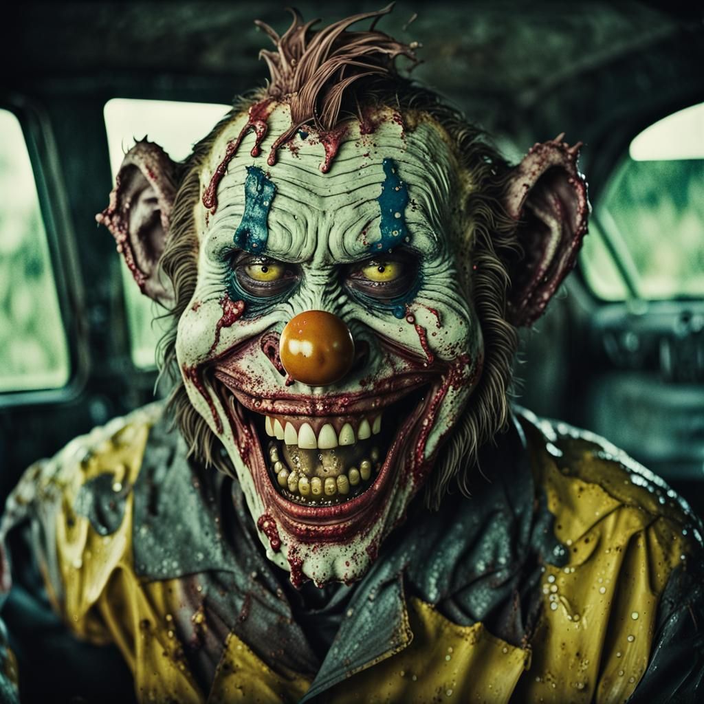 Zombie Monkey Clown Mechanic in a Cinematic Film Still