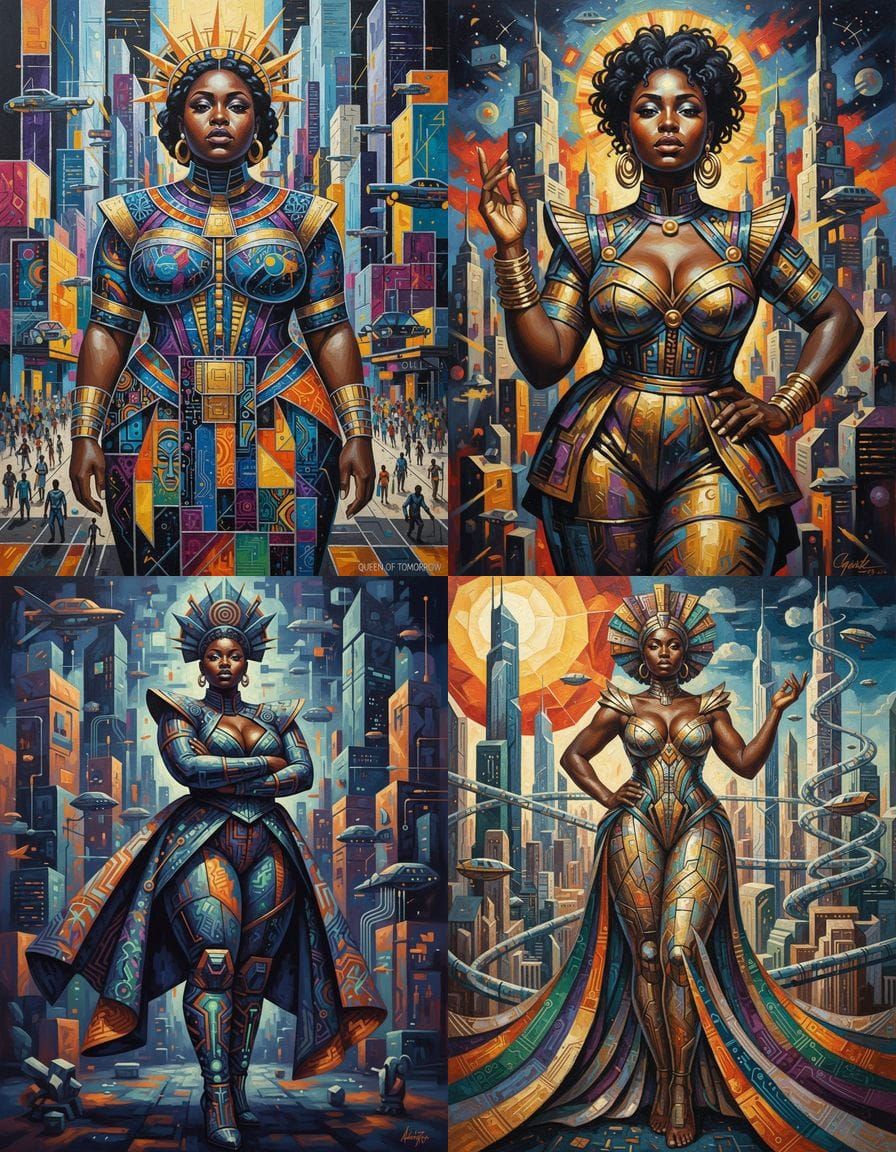 Afrofuturist Resilience: Striking Black Woman in Cubist City...