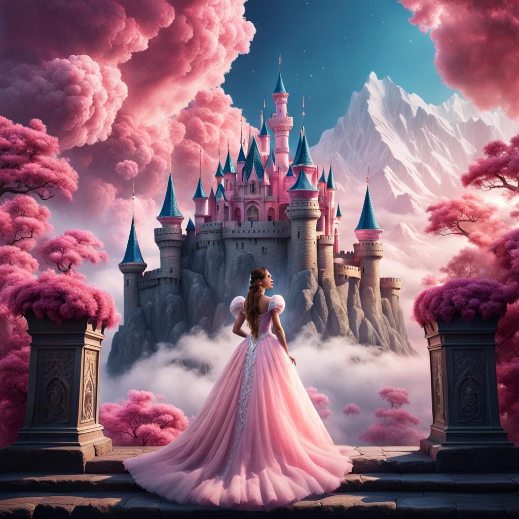 Girl in A Crystal Gown Going Up To A Big Castle Made From Clouds