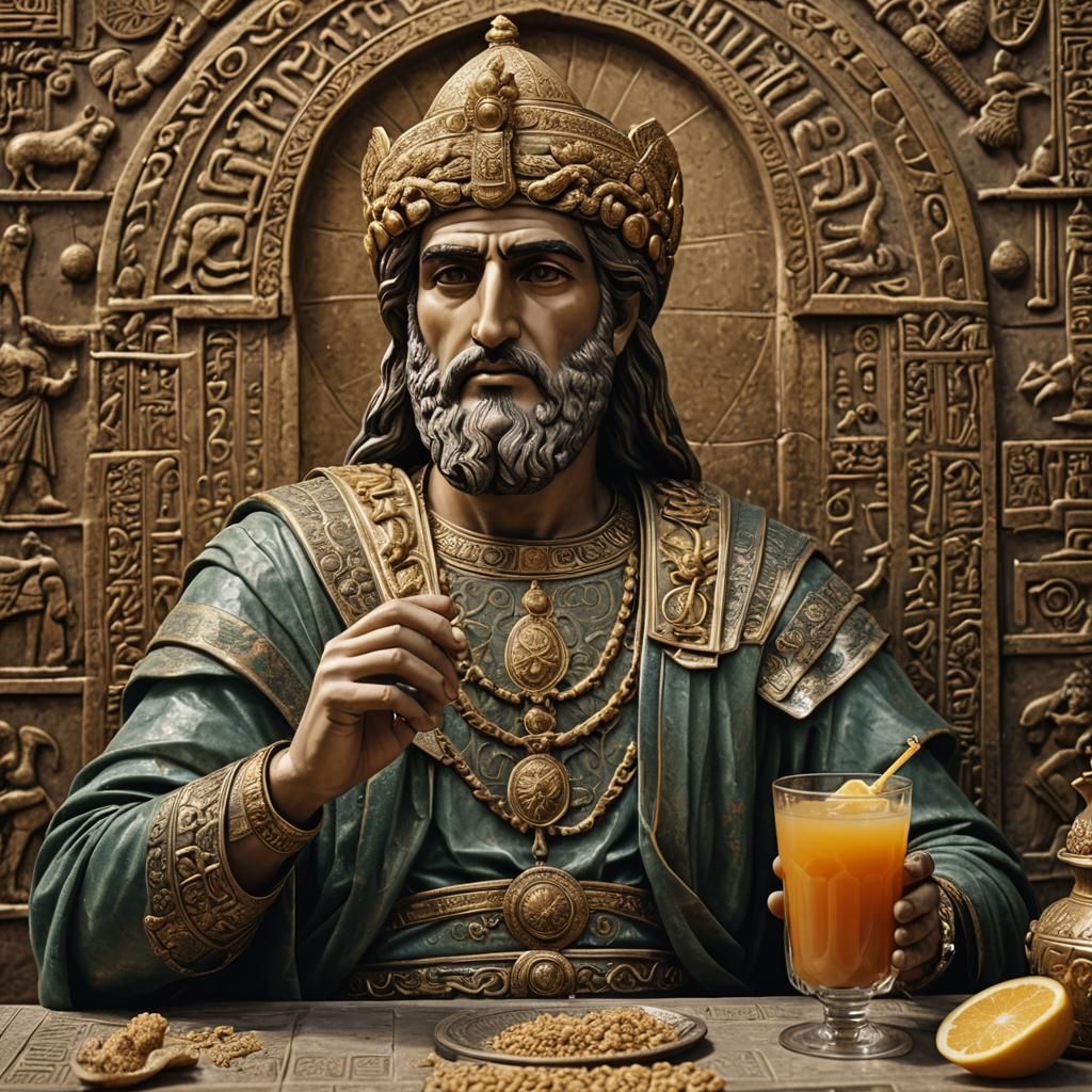 Hyperrealistic Portrait: Cyrus the Great Drinking Juice