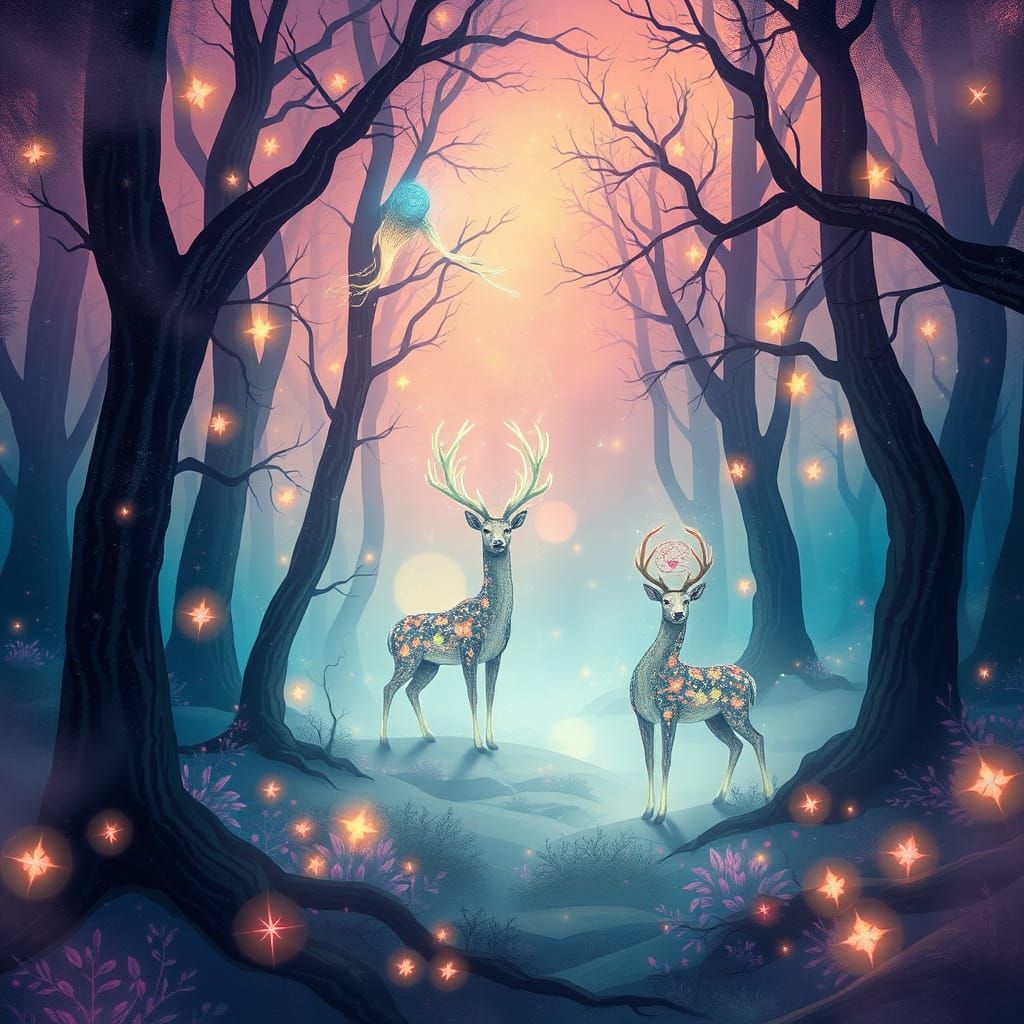 Mystical Deer in Ethereal Forest: Dreamy Digital Art