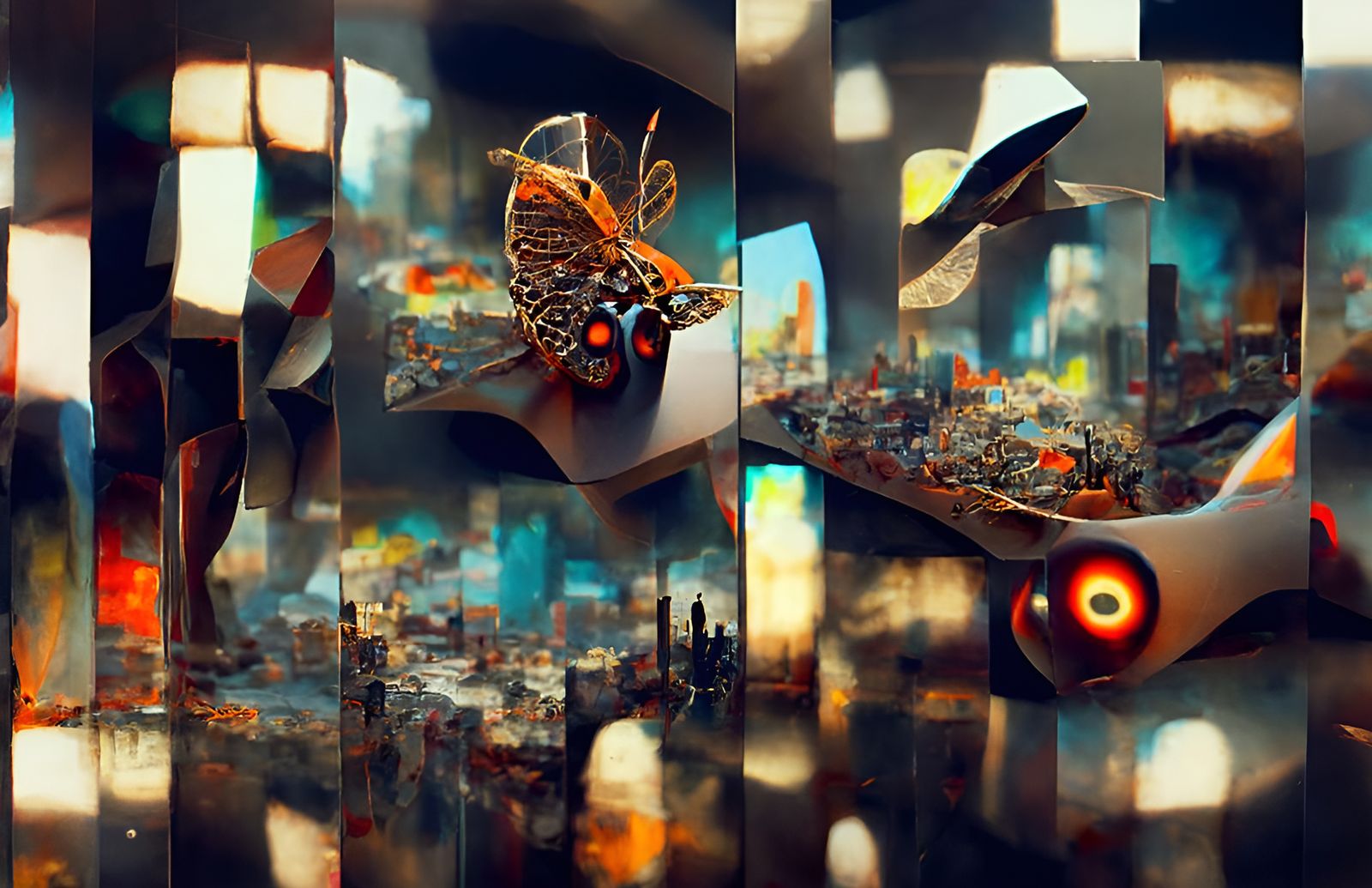 Futuristic Cityscape with Butterfly Drones in Biopunk Style
